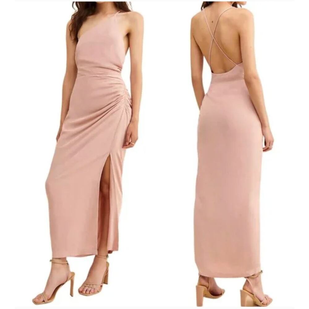 NEW Anthropologie Ruched Asymmetrical Linen Blend Midi Dress Light Pink Size 10